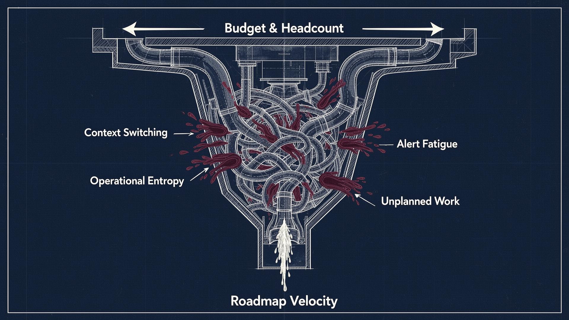 Execution Drag Schematic showing budget flowing through operational entropy with capacity leaks