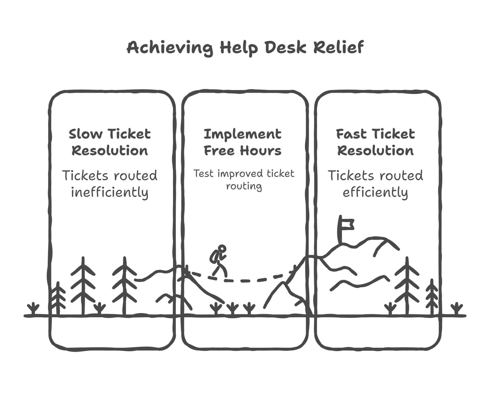Achieving Help Desk Relief diagram showing the journey from slow ticket resolution through implementing free hours to fast ticket resolution with efficient routing